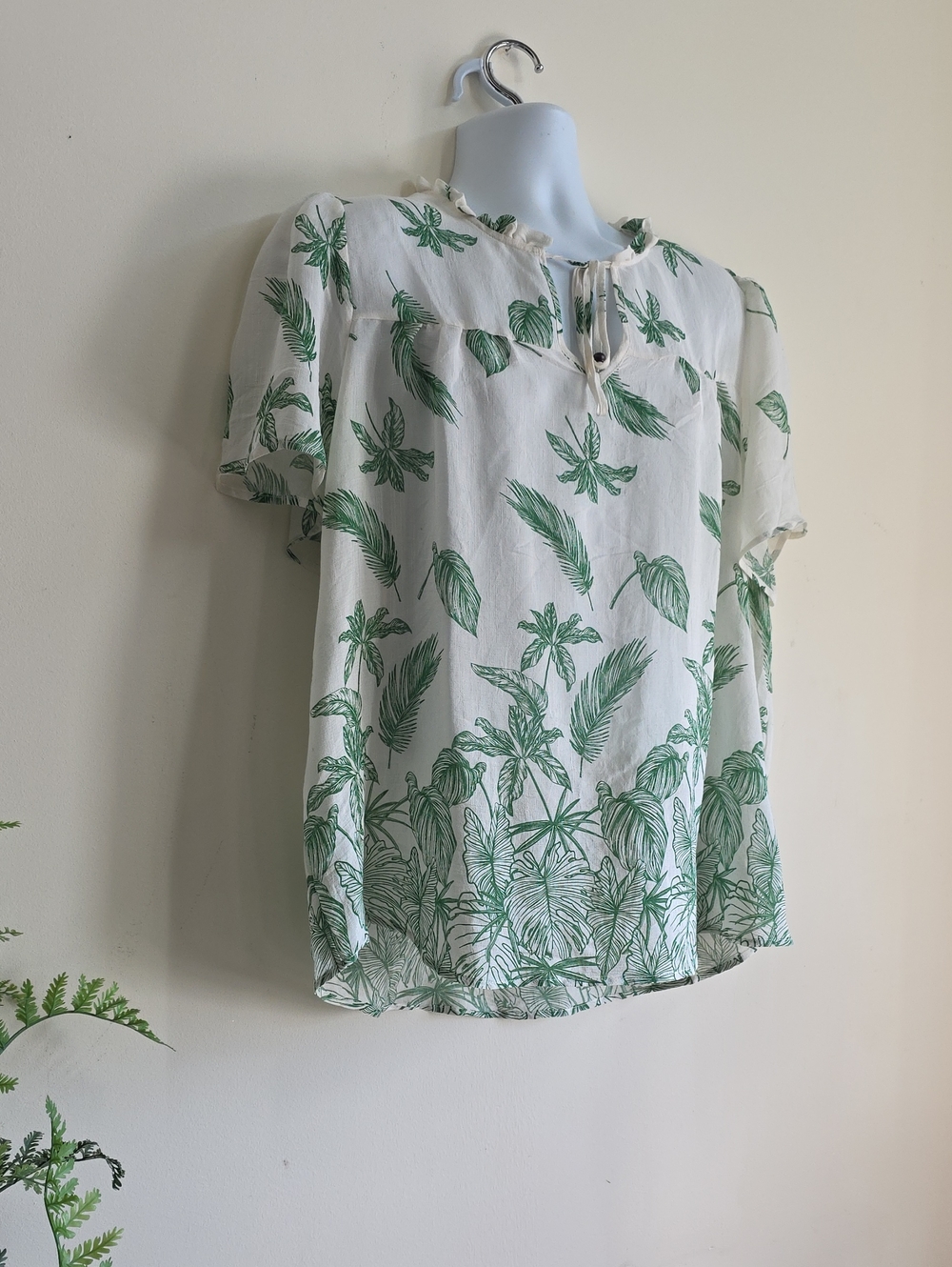 Puna White & Green Botanical Print Short-Sleeve Blouse 3x
